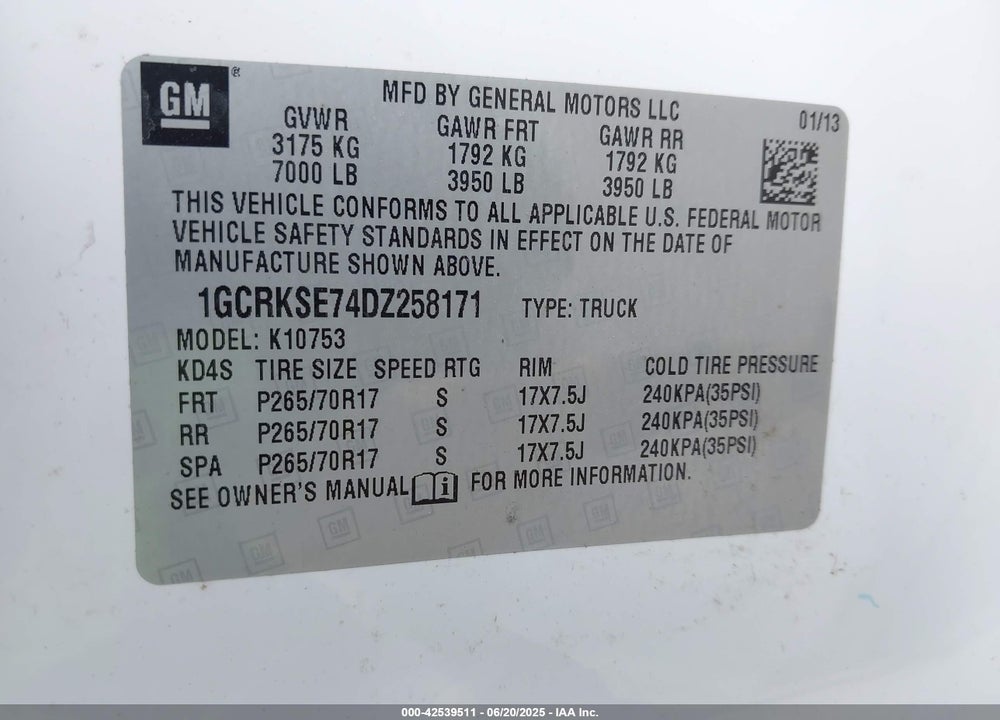 2013 CHEVROLET SILVERADO 1500 LT VIN: 1GCRKSE74DZ258171