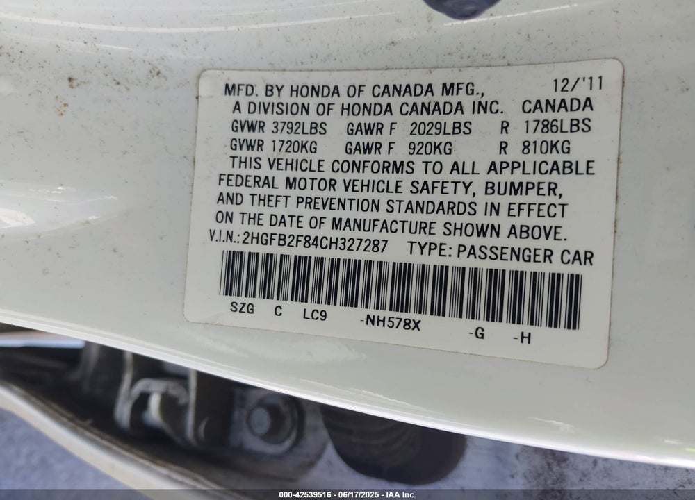 2012 HONDA CIVIC VIN: 2HGFB2F84CH327287