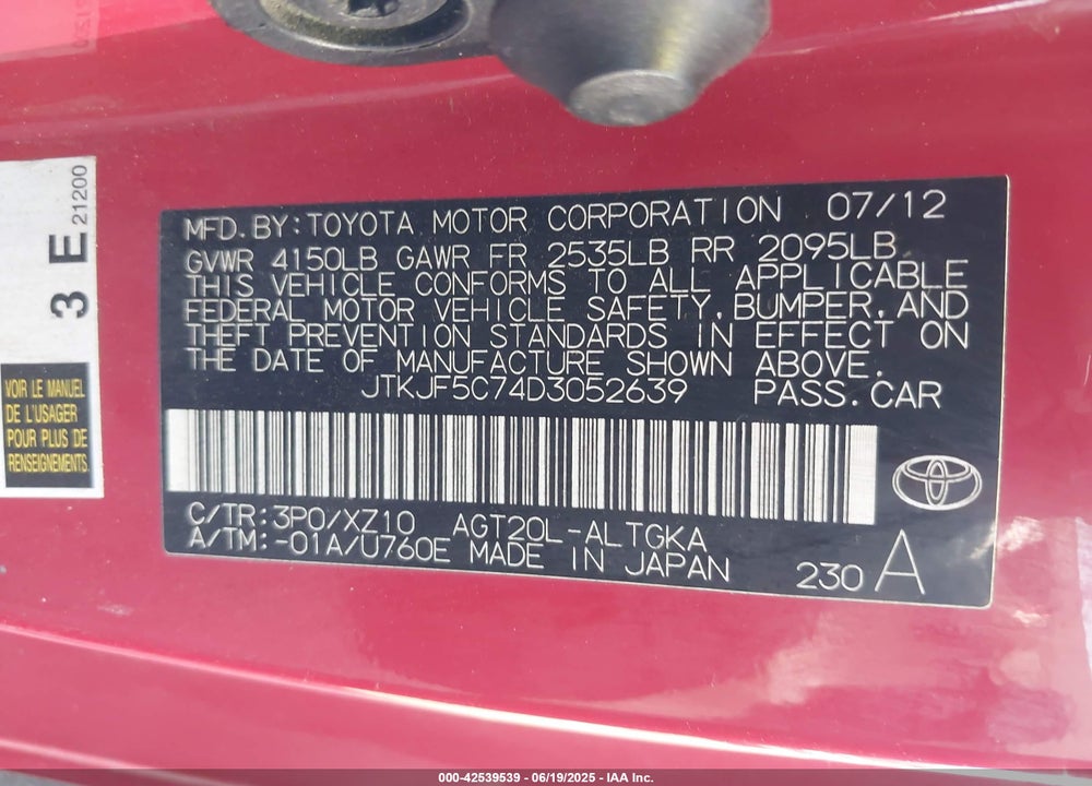2013 SCION TC VIN: JTKJF5C74D3052639