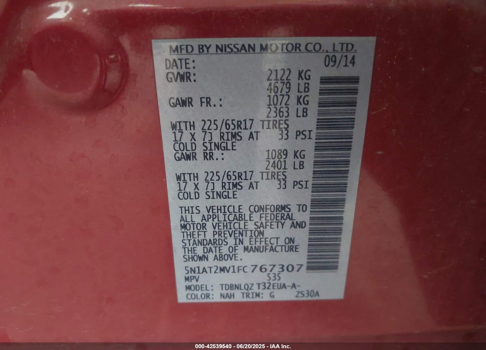 2015 NISSAN ROGUE VIN: 5N1AT2MV1FC767307