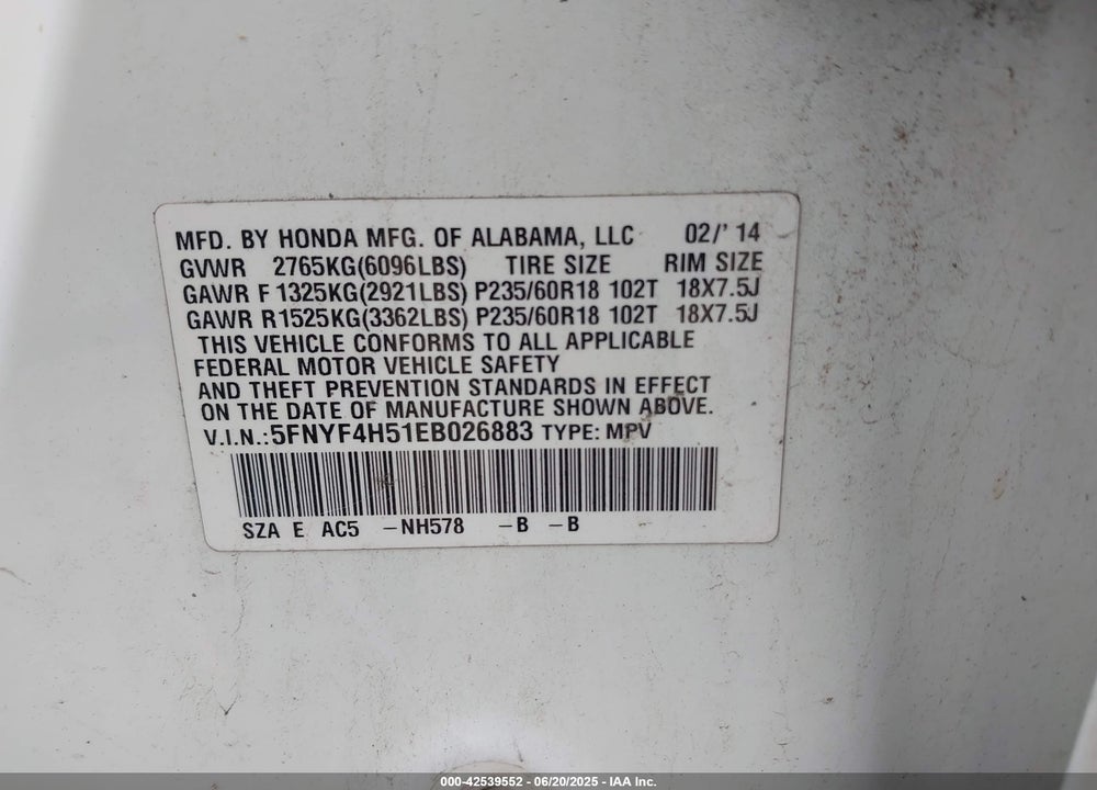 2014 HONDA PILOT EX-L VIN: 5FNYF4H51EB026883