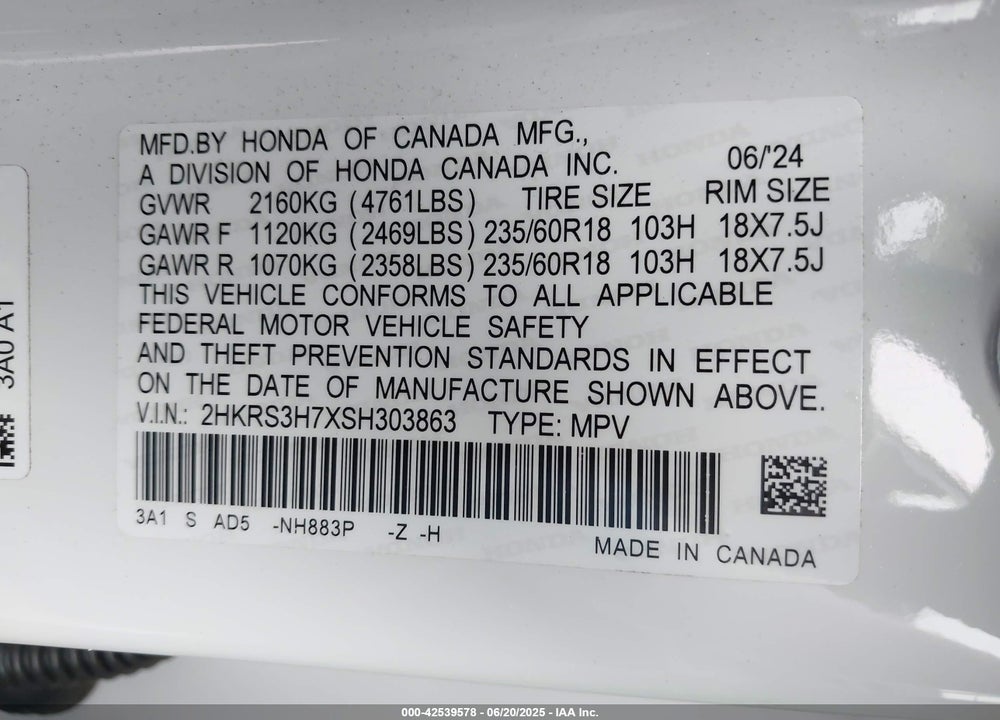 2025 HONDA CR-V EX-L 2WD VIN: 2HKRS3H7XSH303863