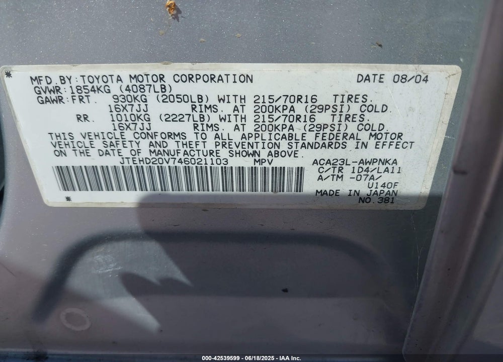 2004 TOYOTA RAV4 VIN: JTEHD20V746021103