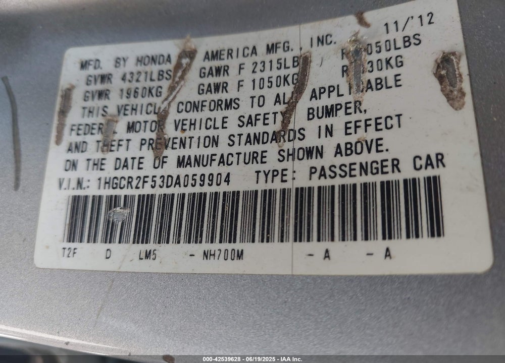 2013 HONDA ACCORD VIN: 1HGCR2F53DA059904