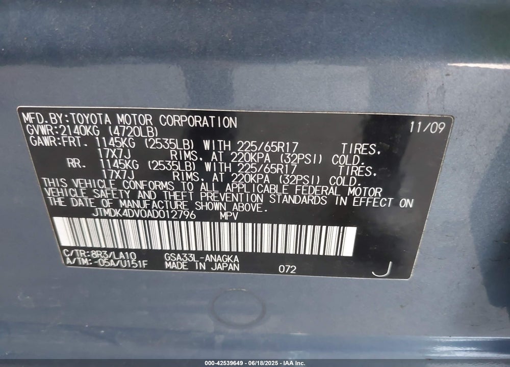 2010 TOYOTA RAV4 VIN: JTMDK4DV0AD012796