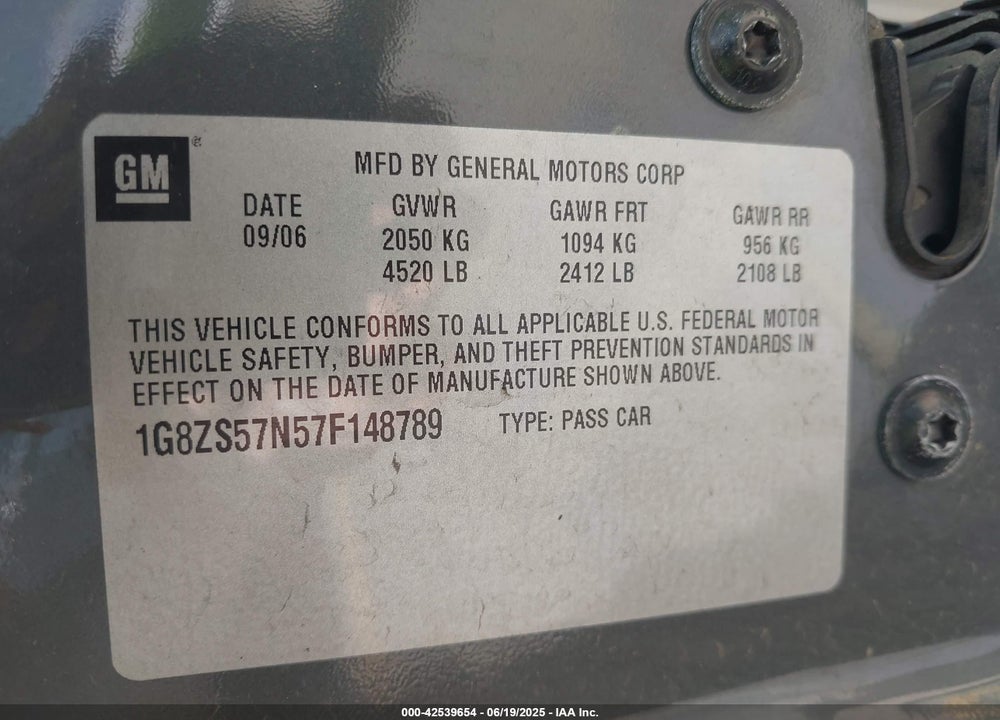 2007 SATURN AURA XE VIN: 1G8ZS57N57F148789