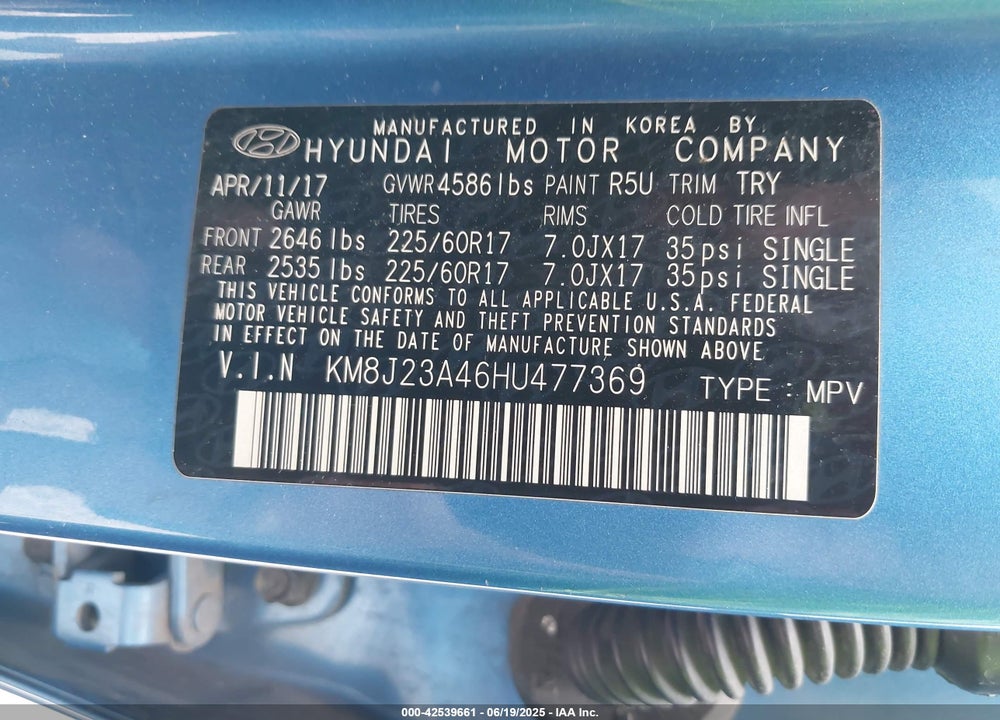 2017 HYUNDAI TUCSON SE VIN: KM8J23A46HU477369