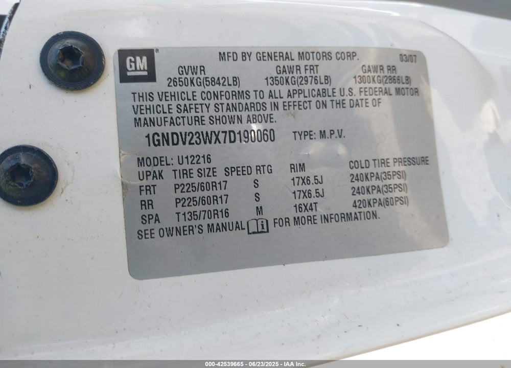 2007 CHEVROLET UPLANDER LS VIN: 1GNDV23WX7D190060