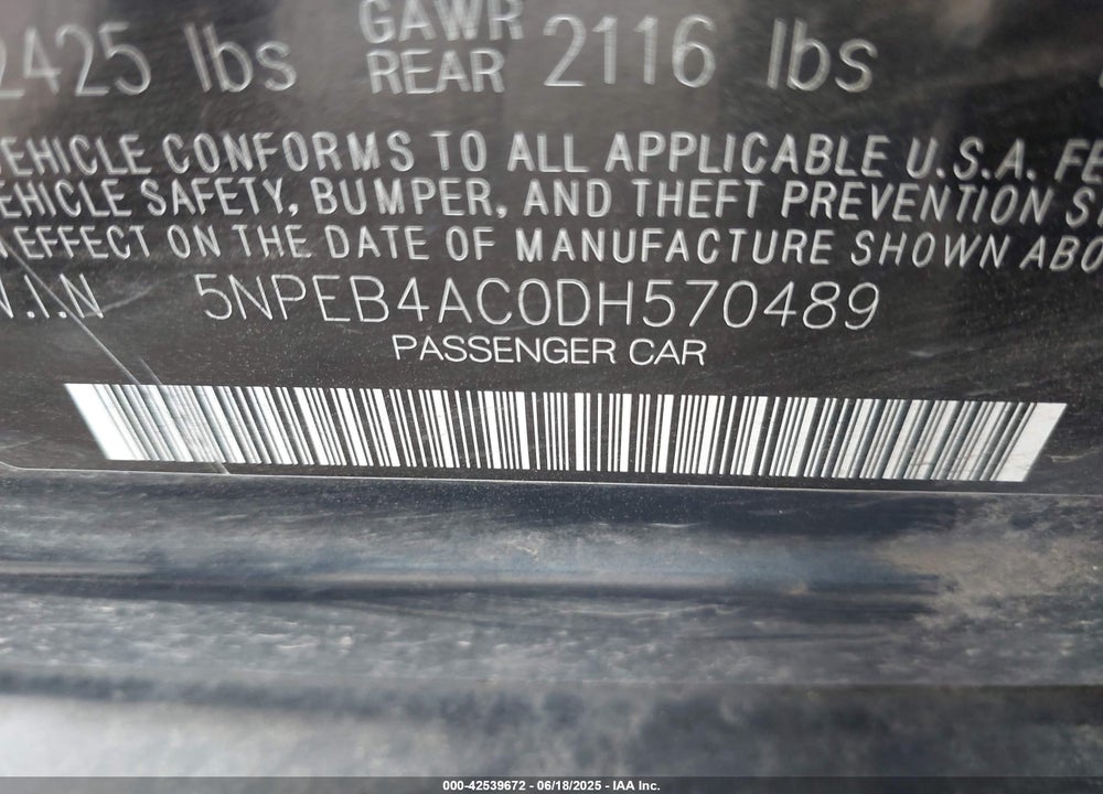 2013 HYUNDAI SONATA VIN: 5NPEB4AC0DH570489