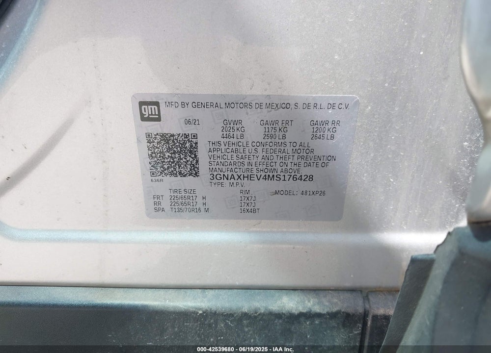 2021 CHEVROLET EQUINOX VIN: 3GNAXHEV4MS176428