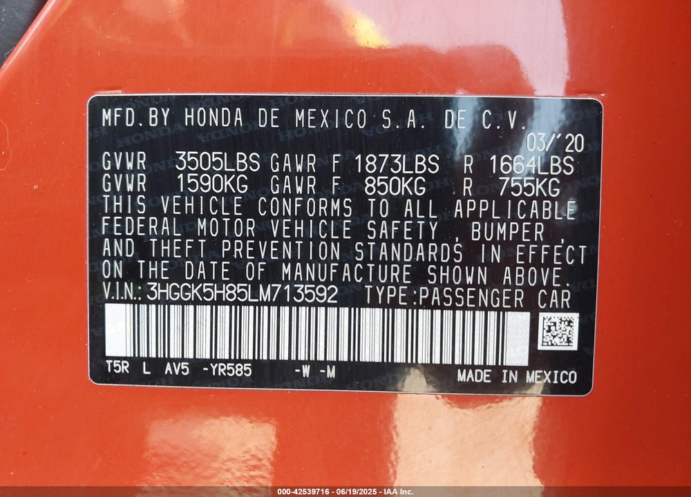 2020 HONDA FIT VIN: 3HGGK5H85LM713592