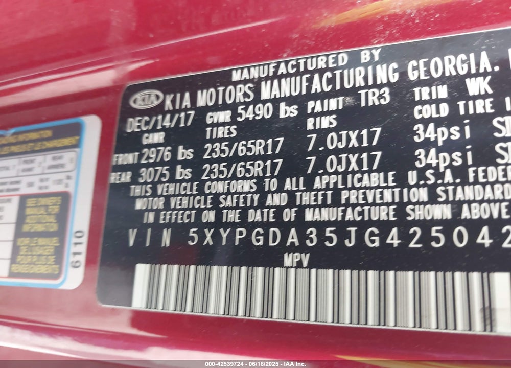2018 KIA SORENTO VIN: 5XYPGDA35JG425042