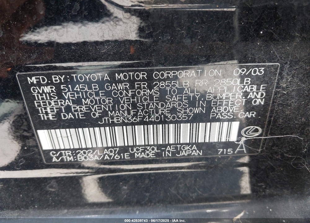 2004 LEXUS LS 430 VIN: JTHBN36F440130357