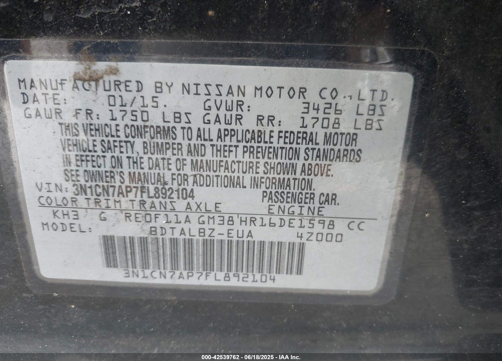 2015 NISSAN VERSA 1.6 SV VIN: 3N1CN7AP7FL892104
