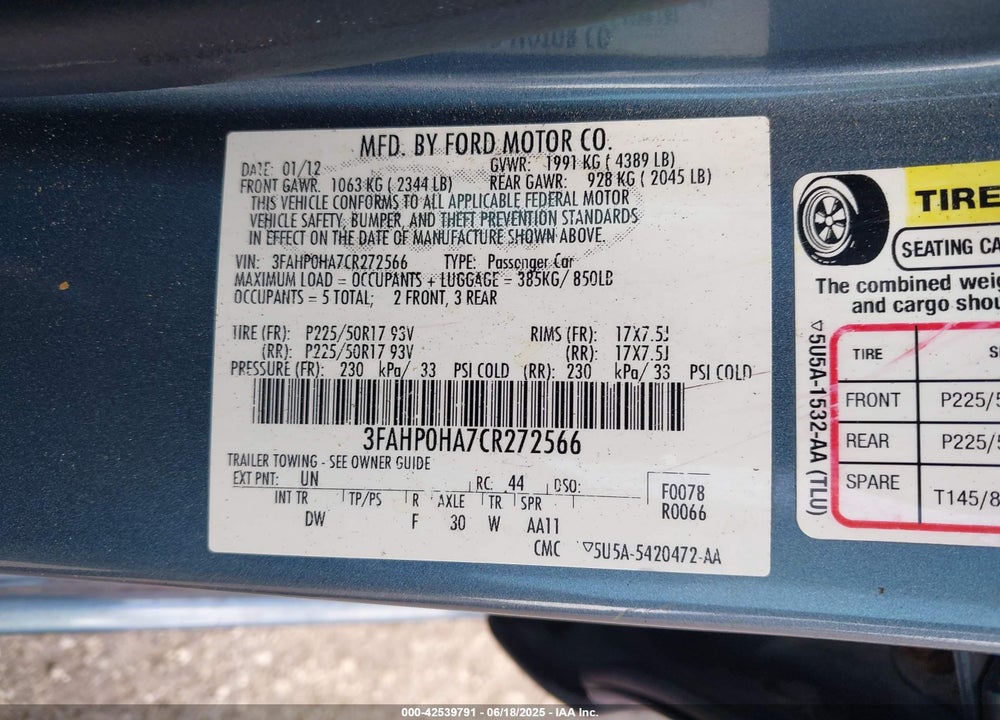 2012 FORD FUSION VIN: 3FAHP0HA7CR272566