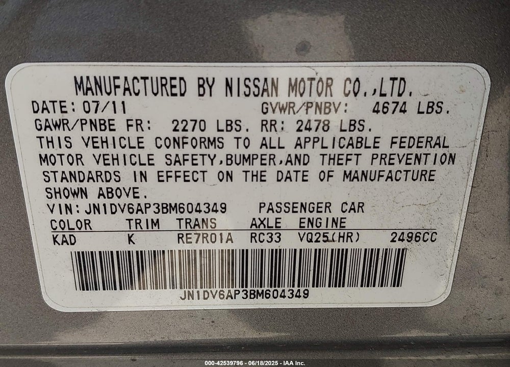 2011 INFINITI G25 VIN: JN1DV6AP3BM604349