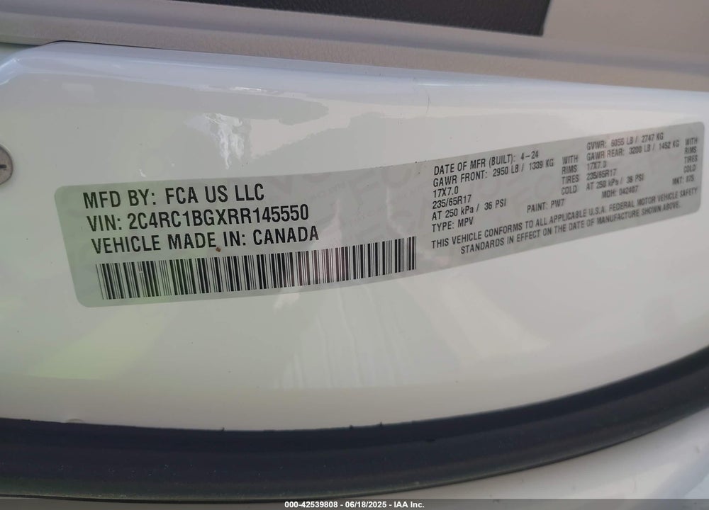2024 CHRYSLER PACIFICA TOURING L VIN: 2C4RC1BGXRR145550