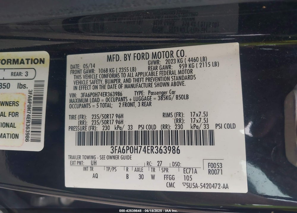 2014 FORD FUSION SE VIN: 3FA6P0H74ER363986