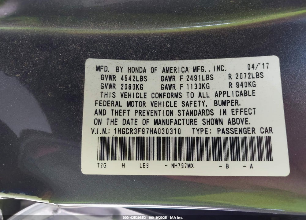 2017 HONDA ACCORD TOURING V6 VIN: 1HGCR3F97HA030310