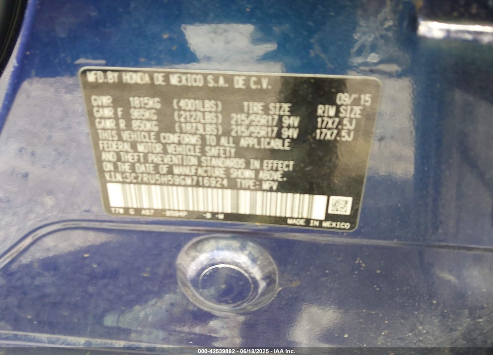 2016 HONDA HR-V EX VIN: 3CZRU5H59GM716924