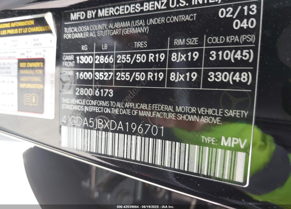 2013 MERCEDES-BENZ M-CLASS VIN: 4JGDA5JBXDA196701