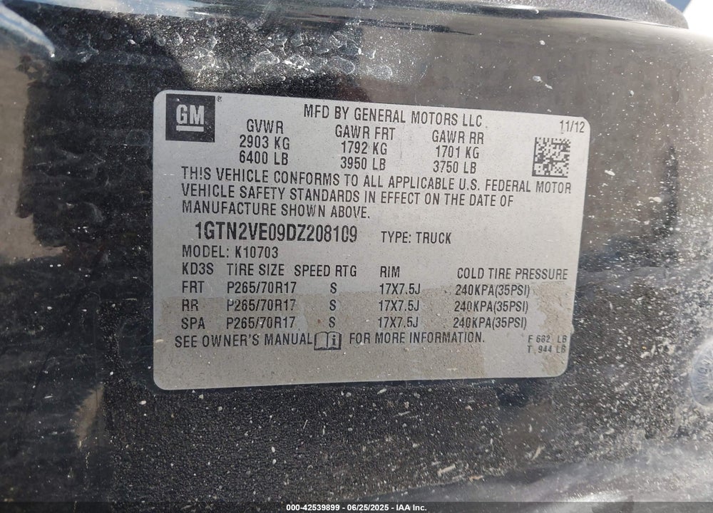 2013 GMC SIERRA 1500 VIN: 1GTN2VE09DZ208109