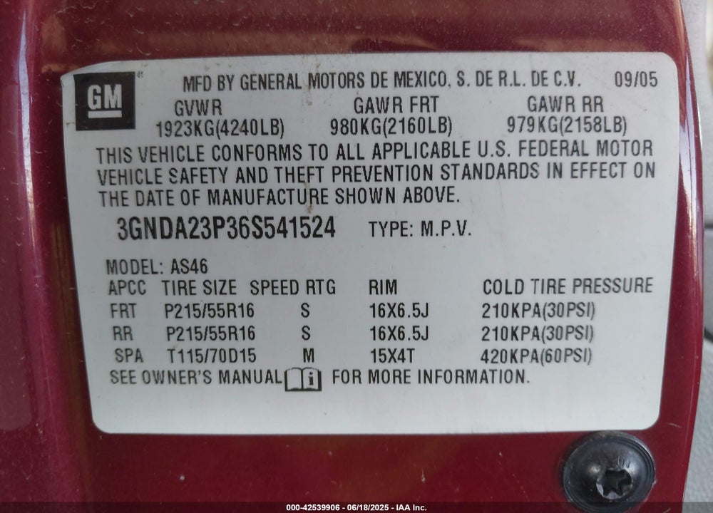2006 CHEVROLET HHR VIN: 3GNDA23P36S541524