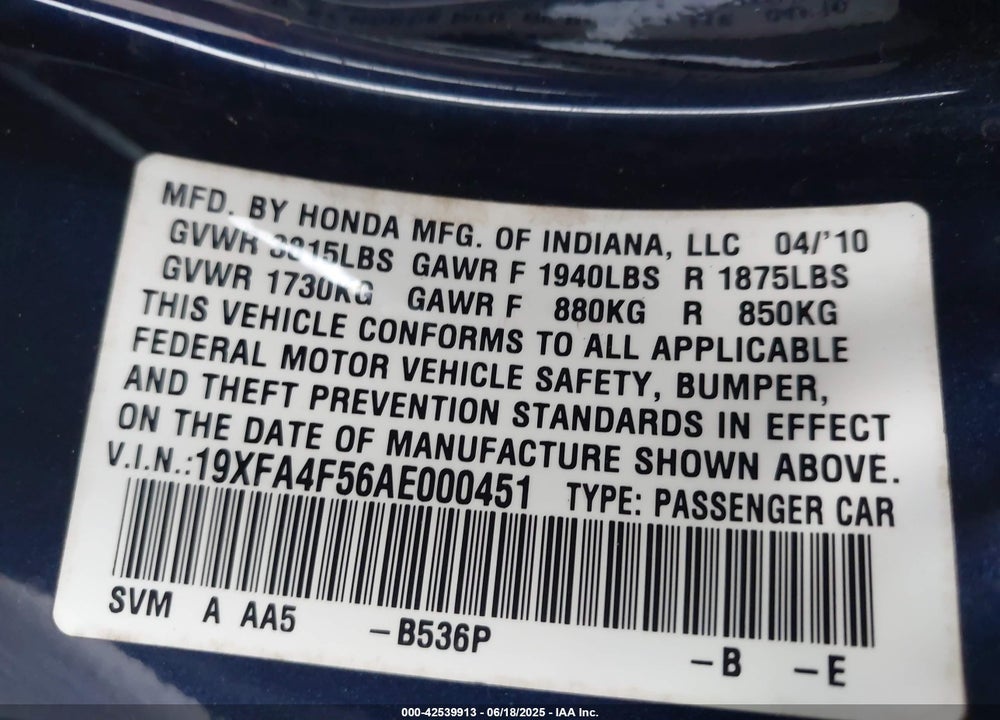 2010 HONDA CIVIC GX VIN: 19XFA4F56AE000451