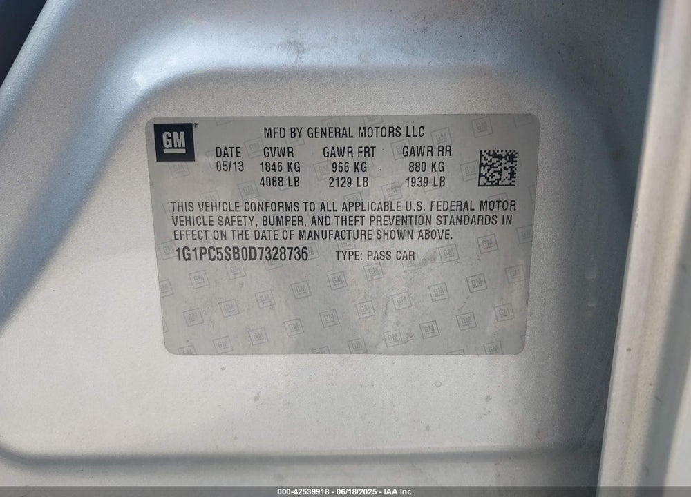 2013 CHEVROLET CRUZE 1LT AUTO VIN: 1G1PC5SB0D7328736