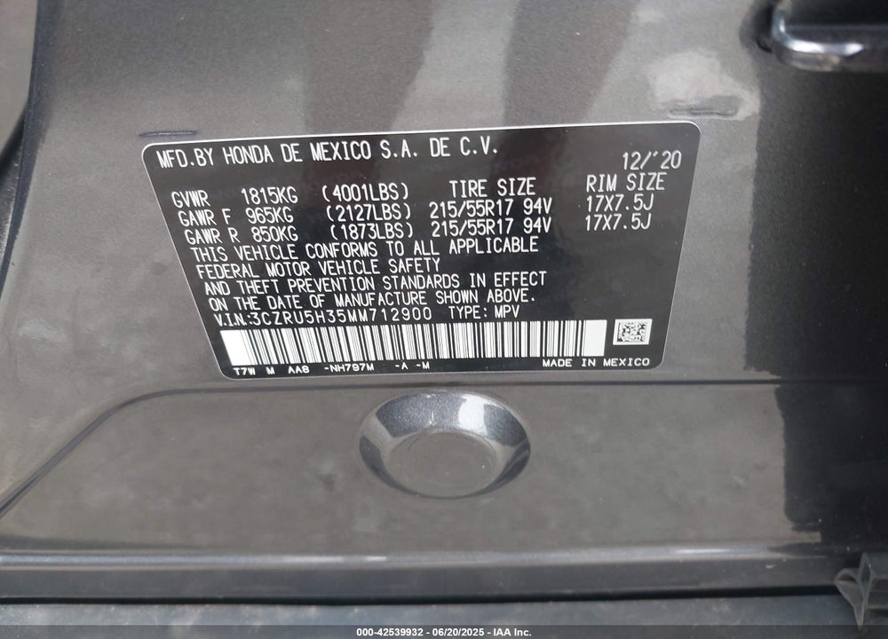 2021 HONDA HR-V VIN: 3CZRU5H35MM712900