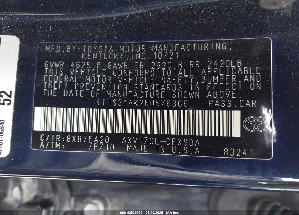 2022 TOYOTA CAMRY VIN: 4T1S31AK2NU576366