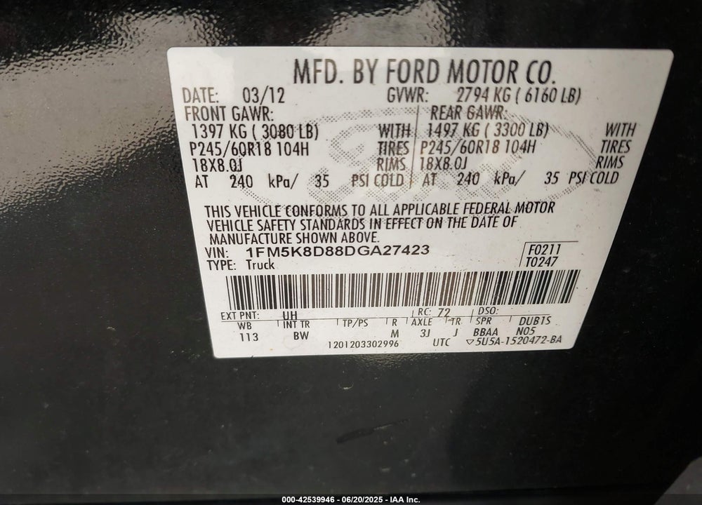 2013 FORD EXPLORER VIN: 1FM5K8D88DGA27423