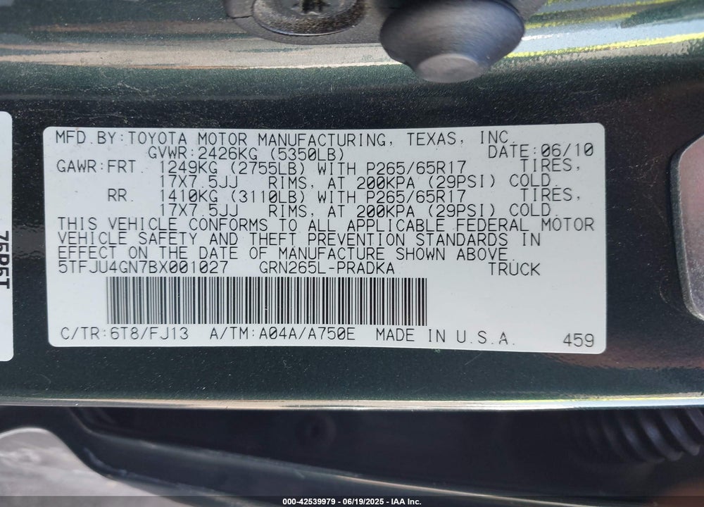2011 TOYOTA TACOMA VIN: 5TFJU4GN7BX001027