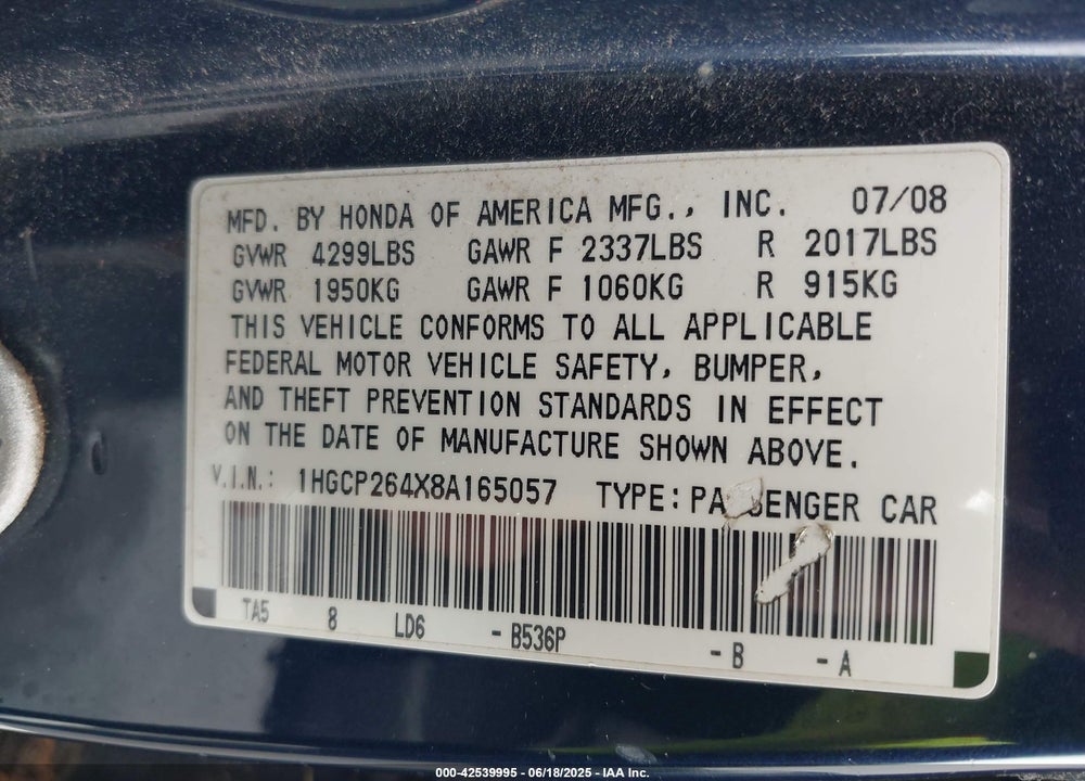 2008 HONDA ACCORD 2.4 LX-P VIN: 1HGCP264X8A165057
