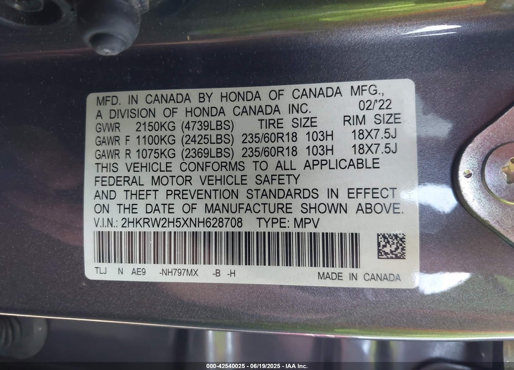 2022 HONDA CR-V VIN: 2HKRW2H5XNH628708