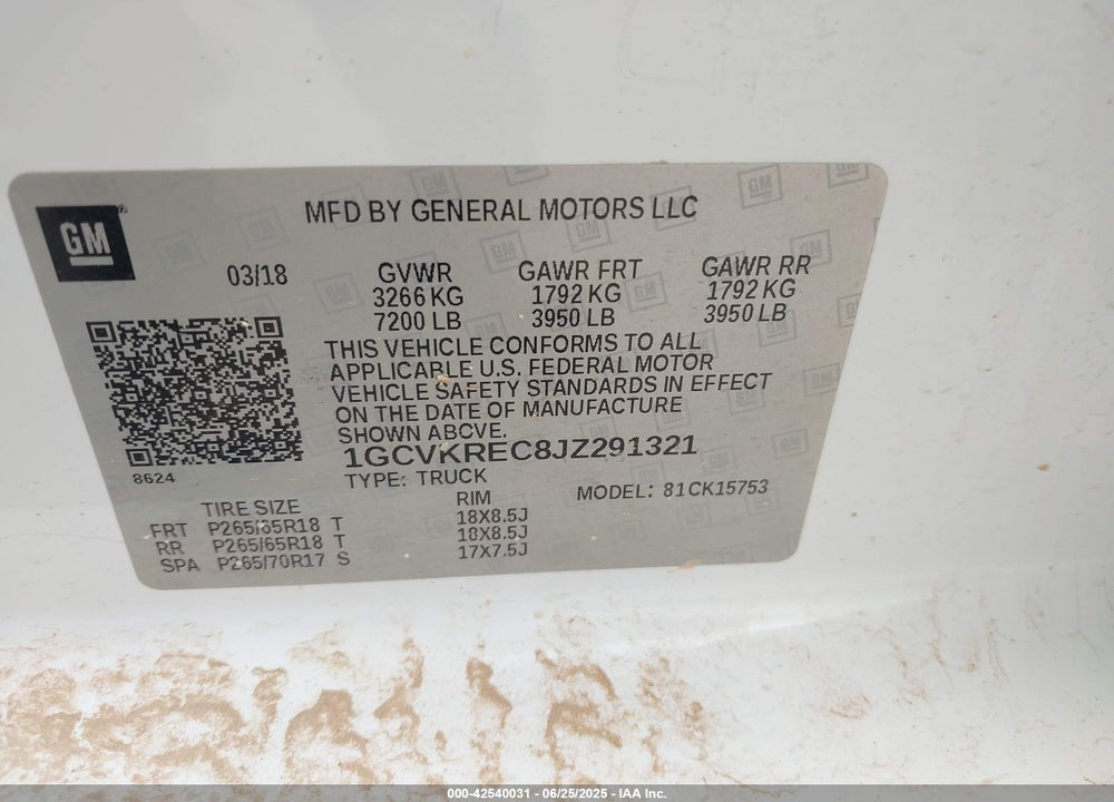 2018 CHEVROLET SILVERADO 1500 2LT VIN: 1GCVKREC8JZ291321