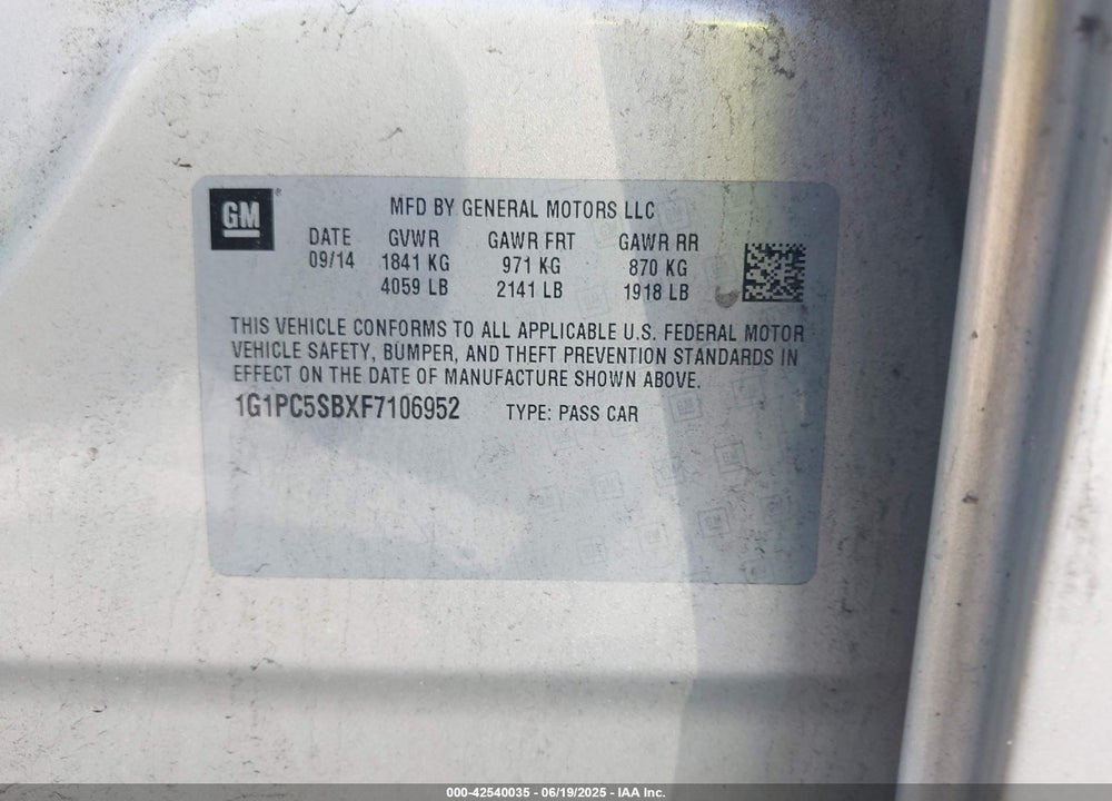 2015 CHEVROLET CRUZE VIN: 1G1PC5SBXF7106952