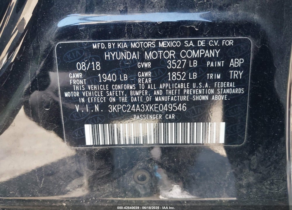 2019 HYUNDAI ACCENT SE VIN: 3KPC24A3XKE049546