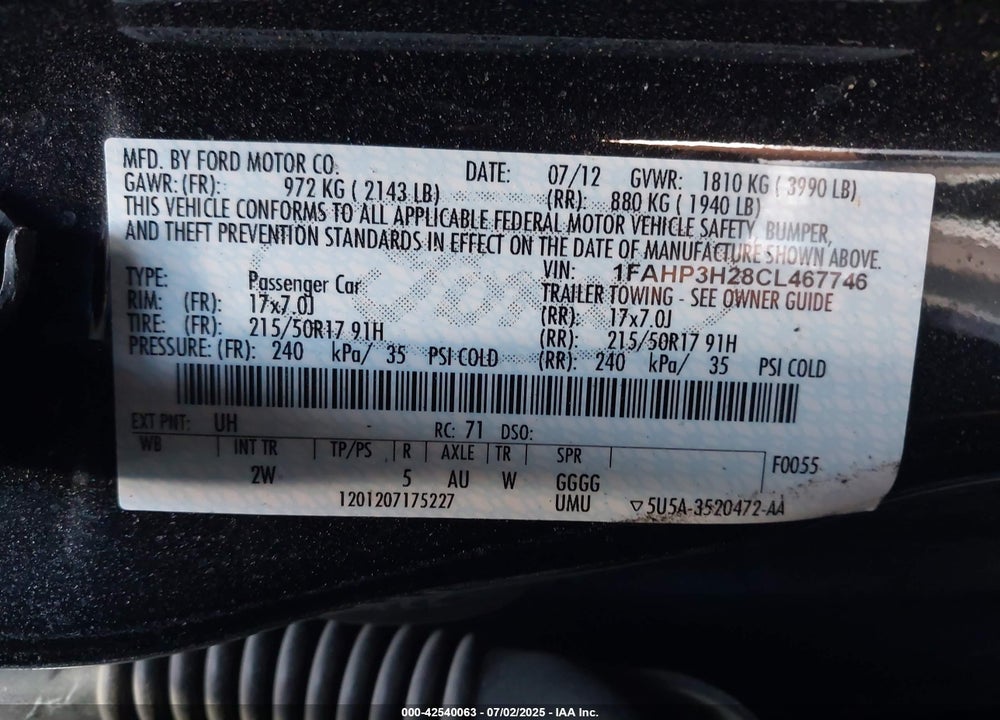 2012 FORD FOCUS VIN: 1FAHP3H28CL467746