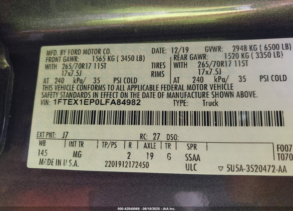 2020 FORD F-150 VIN: 1FTEX1EP0LFA84982