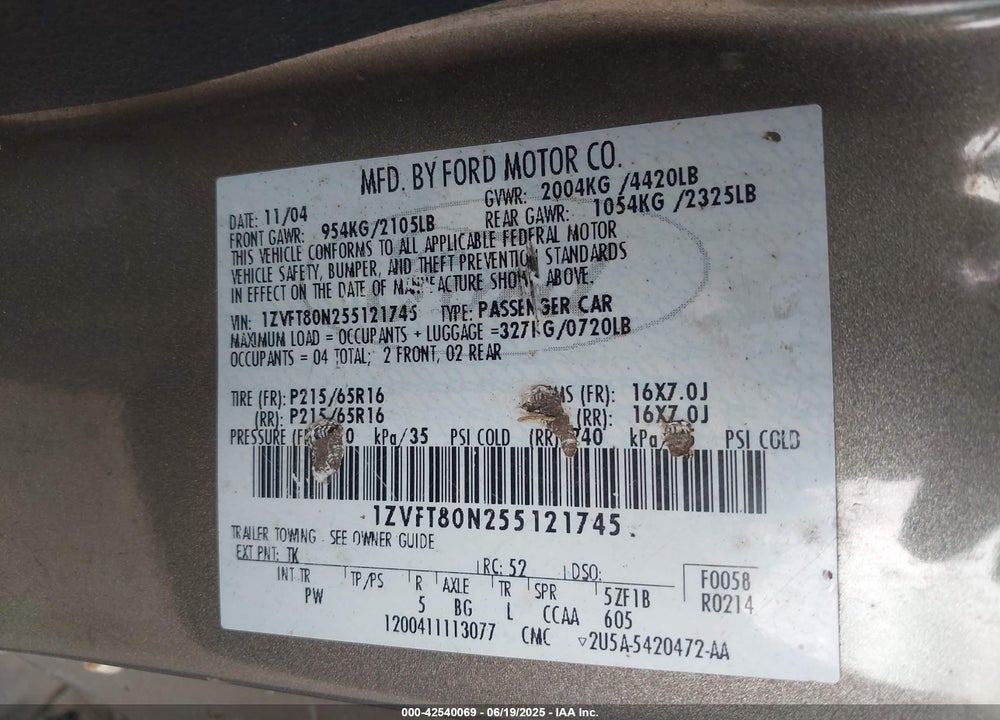 2005 FORD MUSTANG VIN: 1ZVFT80N255121745