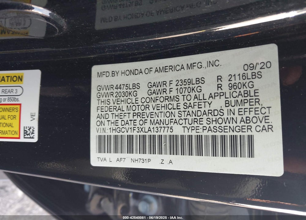 2020 HONDA ACCORD VIN: 1HGCV1F3XLA137775