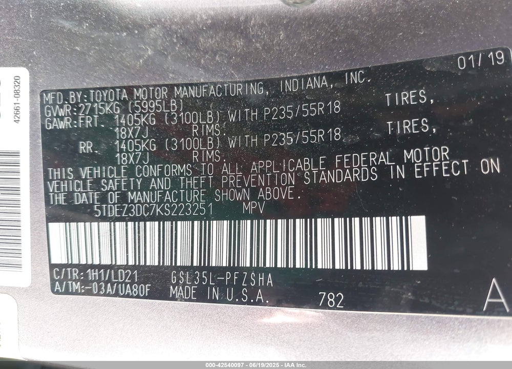 2019 TOYOTA SIENNA VIN: 5TDEZ3DC7KS223251