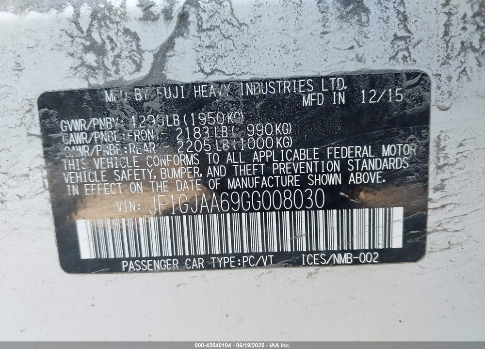 2016 SUBARU IMPREZA VIN: JF1GJAA69GG008030