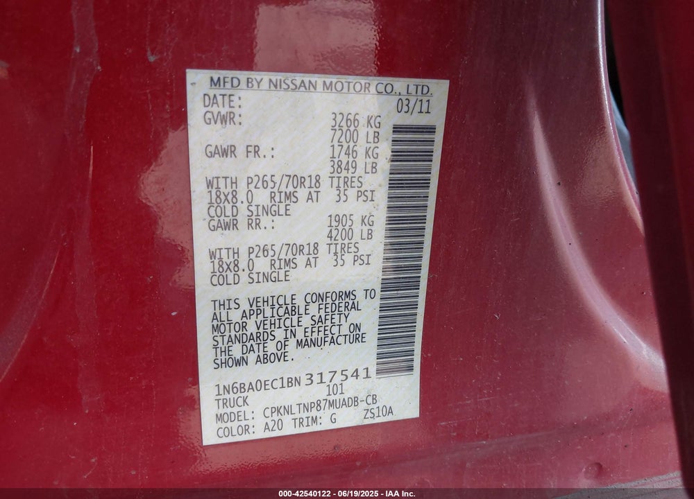 2011 NISSAN TITAN VIN: 1N6BA0EC1BN317541