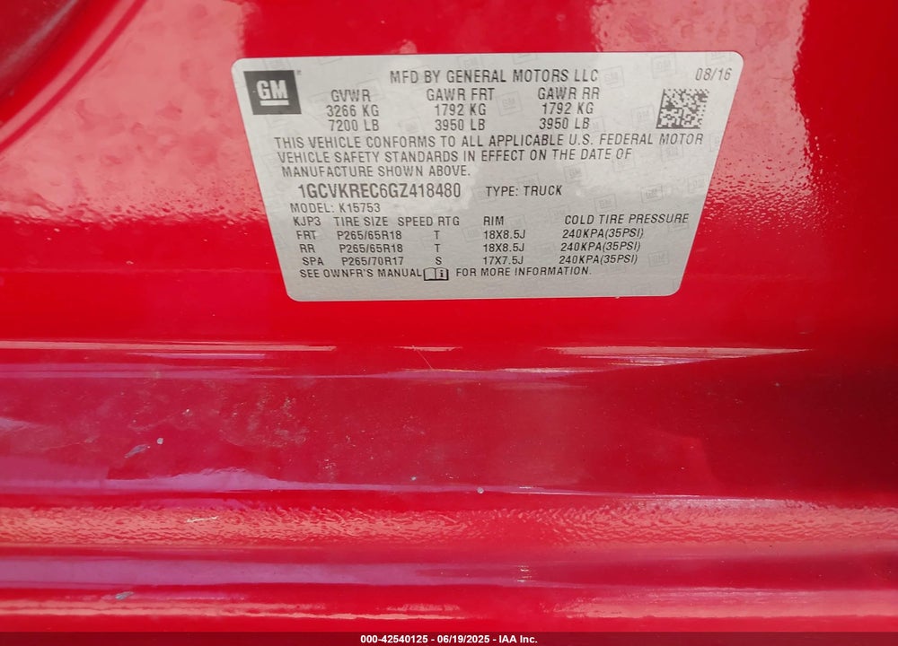 2016 CHEVROLET SILVERADO 1500 VIN: 1GCVKREC6GZ418480