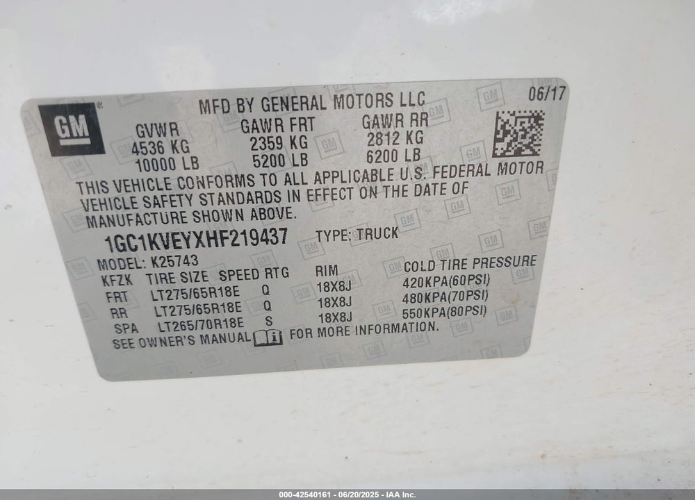 2017 CHEVROLET SILVERADO 2500 VIN: 1GC1KVEYXHF219437