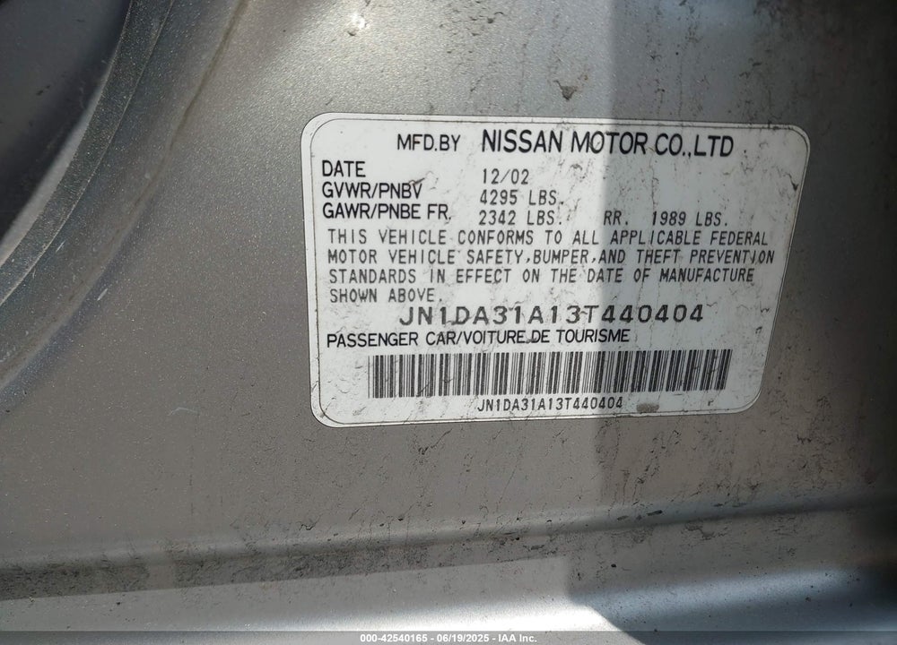 2003 NISSAN MAXIMA GLE VIN: JN1DA31A13T440404