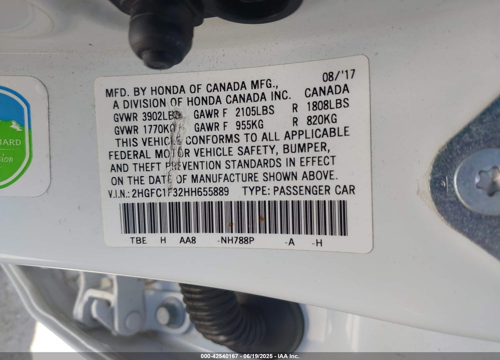 2017 HONDA CIVIC VIN: 2HGFC1F32HH655889