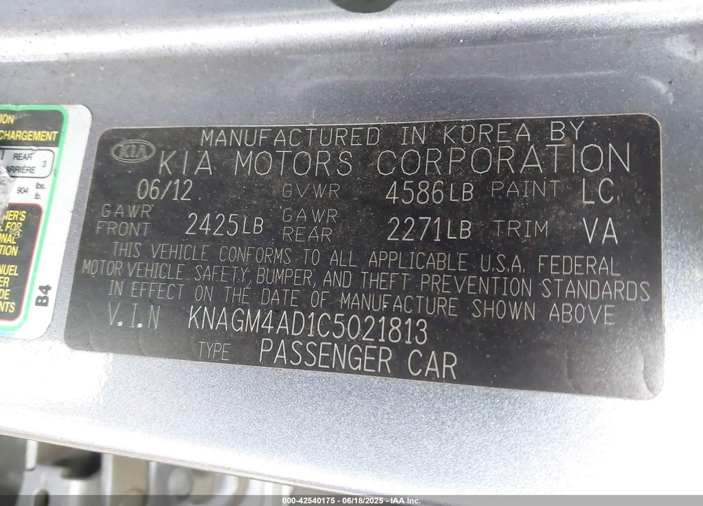 2012 KIA OPTIMA HYBRID VIN: KNAGM4AD1C5021813